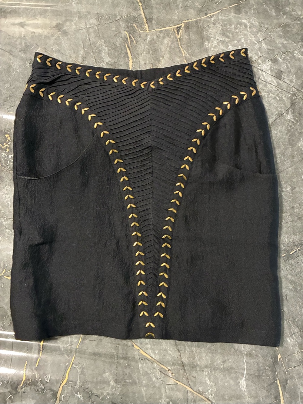 Black Pencil Skirt with Gold Leaf Stitching